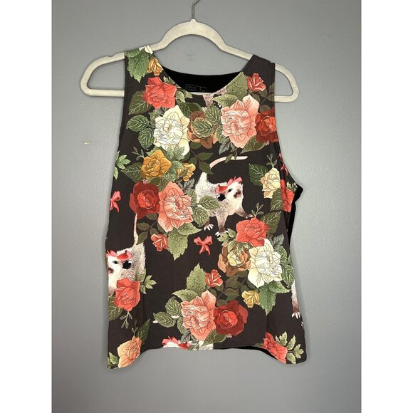 Opossum Floral Tank Top Womens XL Sleeveless Made USA Crazy Print Multicolor - Picture 2 of 8